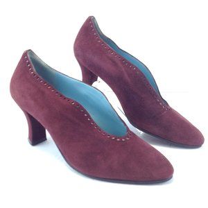 Thierry Rabotin Italian Shoes Burgundy Suede Heels Scalloped Edged Pumps
